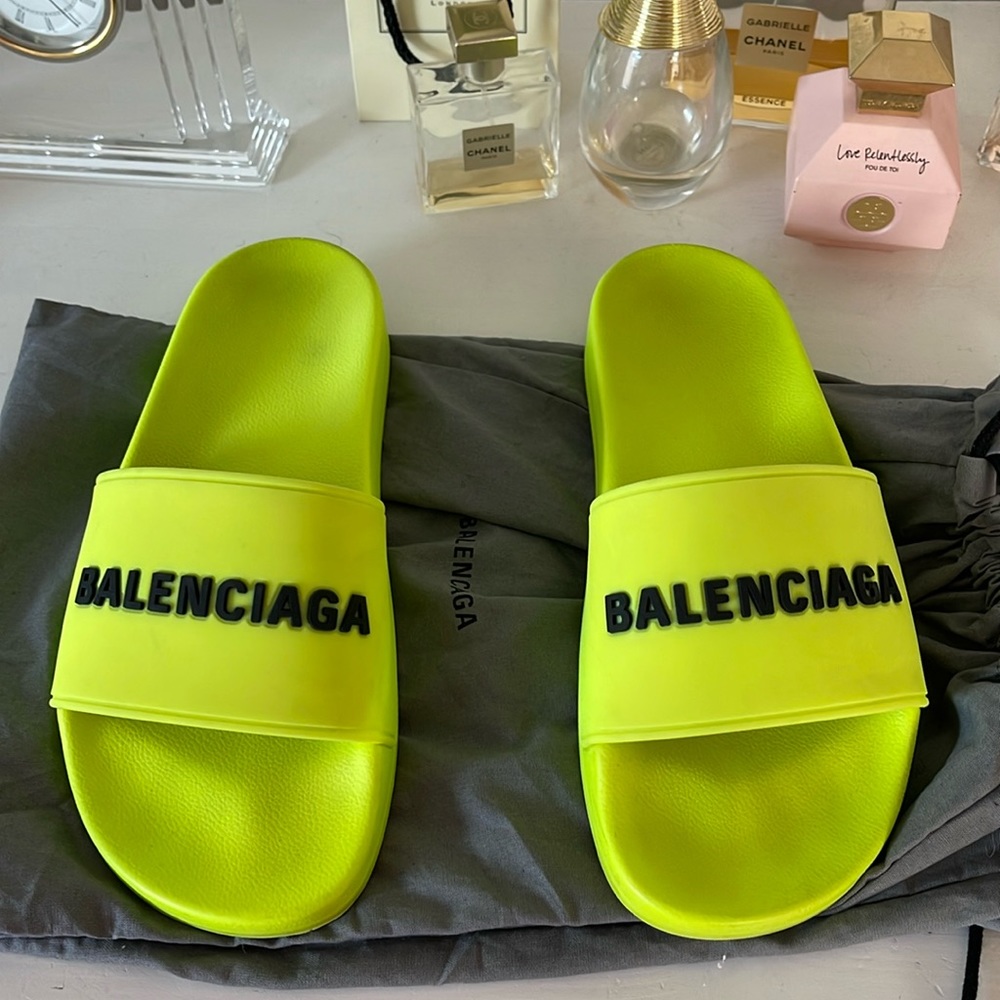 BALENCIAGA Lime Green Pool Slides